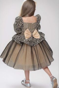 Kız Çocuk Jakar Detaylı Balon Kollu Kare Yaka Gold Abiye