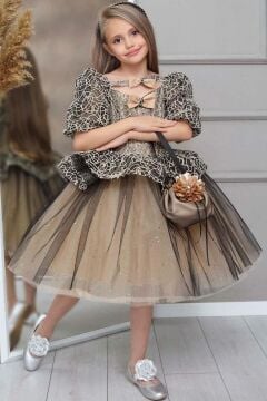 Kız Çocuk Jakar Detaylı Balon Kollu Kare Yaka Gold Abiye