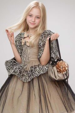 Kız Çocuk Jakar Detaylı Balon Kollu Kare Yaka Gold Abiye