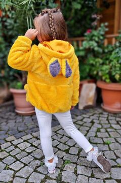 Kız Çocuk Kuzu Kulaklı Önden Çift Cep Detaylı Kapüşonlu Sarı Peluş Ceket