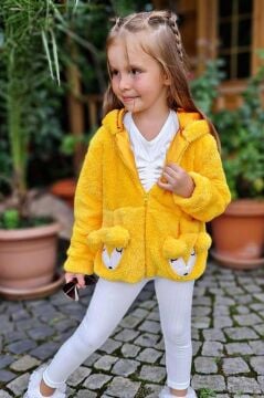 Kız Çocuk Kuzu Kulaklı Önden Çift Cep Detaylı Kapüşonlu Sarı Peluş Ceket