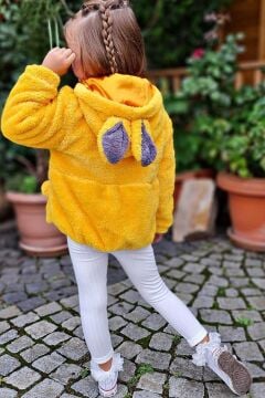 Kız Çocuk Kuzu Kulaklı Önden Çift Cep Detaylı Kapüşonlu Sarı Peluş Ceket