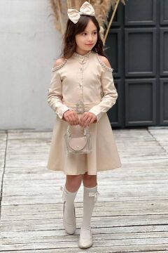 Kız Çocuk Omuzu ve Yakası Taş İşlemeli Bej Kot Elbise