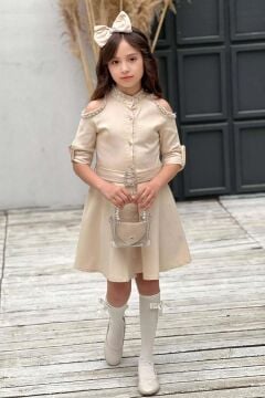 Kız Çocuk Omuzu ve Yakası Taş İşlemeli Bej Kot Elbise