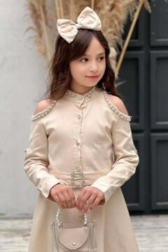 Kız Çocuk Omuzu ve Yakası Taş İşlemeli Bej Kot Elbise