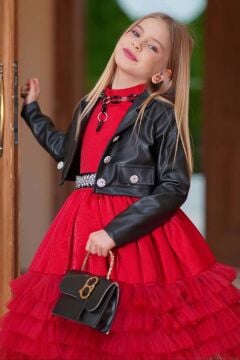 Kız Çocuk Sıfır Kol Beli Taş Şerit Detaylı Eteği Kat Kat Tüllü Parlak Deri Ceketli Kırmızı Elbise