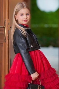 Kız Çocuk Sıfır Kol Beli Taş Şerit Detaylı Eteği Kat Kat Tüllü Parlak Deri Ceketli Kırmızı Elbise