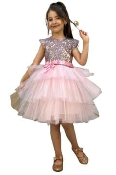 Kız Çocuk Üstü Pulpayet İşlemeli Katkat Pudra Abiye 4-7 Yaş