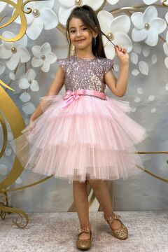 Kız Çocuk Üstü Pulpayet İşlemeli Katkat Pudra Abiye 4-7 Yaş