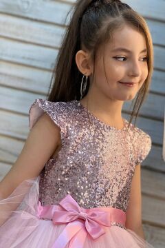 Kız Çocuk Üstü Pulpayet İşlemeli Katkat Pudra Abiye 4-7 Yaş