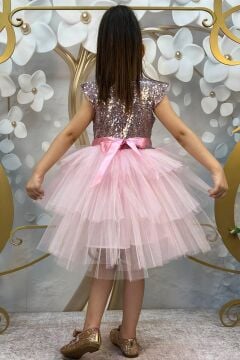 Kız Çocuk Üstü Pulpayet İşlemeli Katkat Pudra Abiye 4-7 Yaş