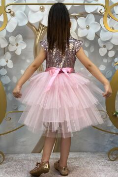 Kız Çocuk Üstü Pulpayet İşlemeli Katkat Pudra Abiye 4-7 Yaş