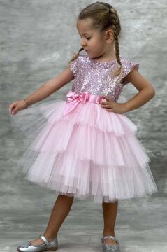 Kız Çocuk Üstü Pulpayet İşlemeli Katkat Pudra Abiye 4-7 Yaş