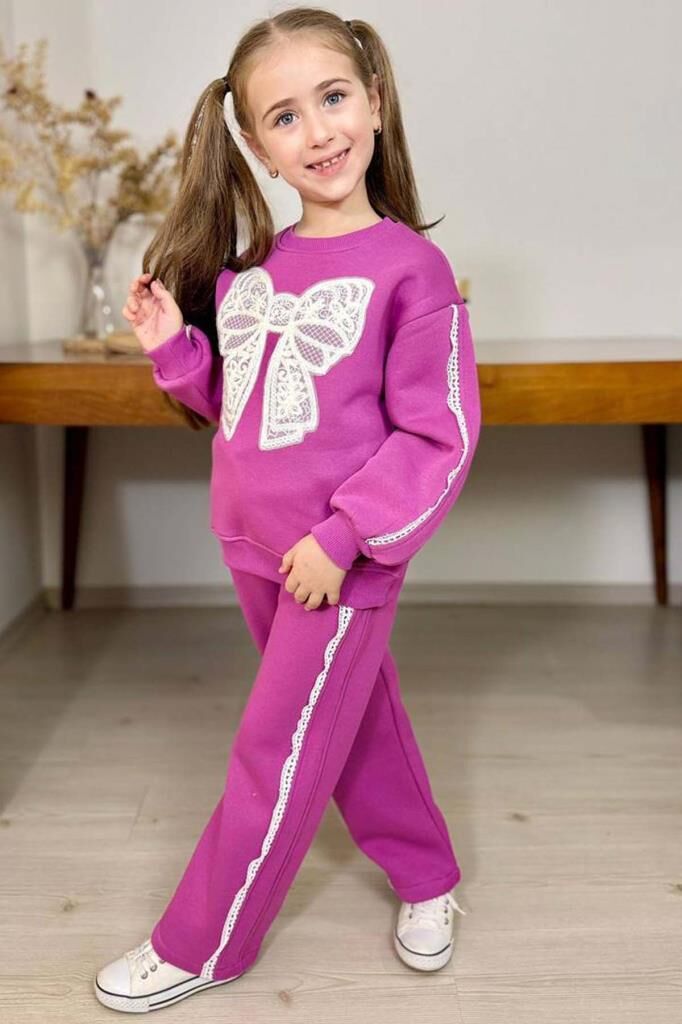 Kız Çocuk Göğsü Kurdela Dantel Şerit Detaylı Bağcıklı 3 İplik Mor Eşofman Takım