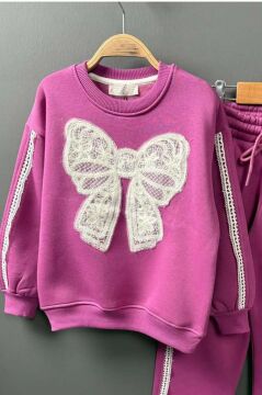 Kız Çocuk Göğsü Kurdela Dantel Şerit Detaylı Bağcıklı 3 İplik Mor Eşofman Takım