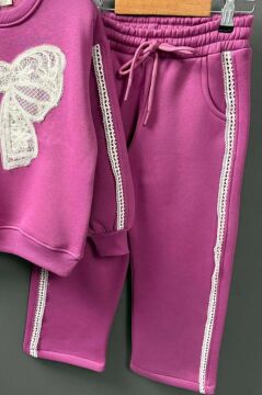 Kız Çocuk Göğsü Kurdela Dantel Şerit Detaylı Bağcıklı 3 İplik Mor Eşofman Takım