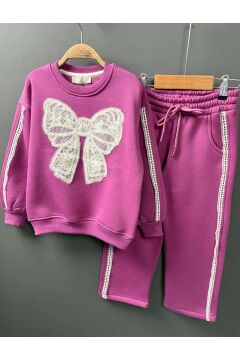 Kız Çocuk Göğsü Kurdela Dantel Şerit Detaylı Bağcıklı 3 İplik Mor Eşofman Takım