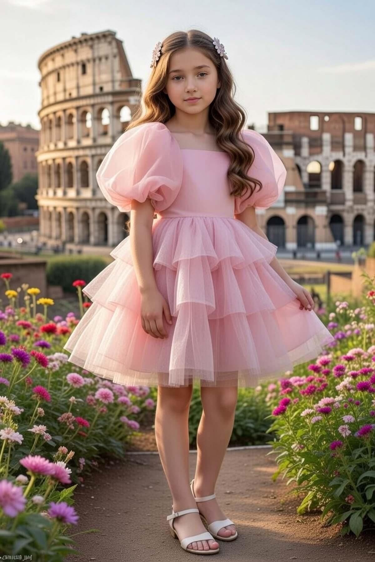 Kız Çocuk Kare Yaka Üzeri Kat Kat Pliseli Balon Kollu Kabarık Somon Abiye