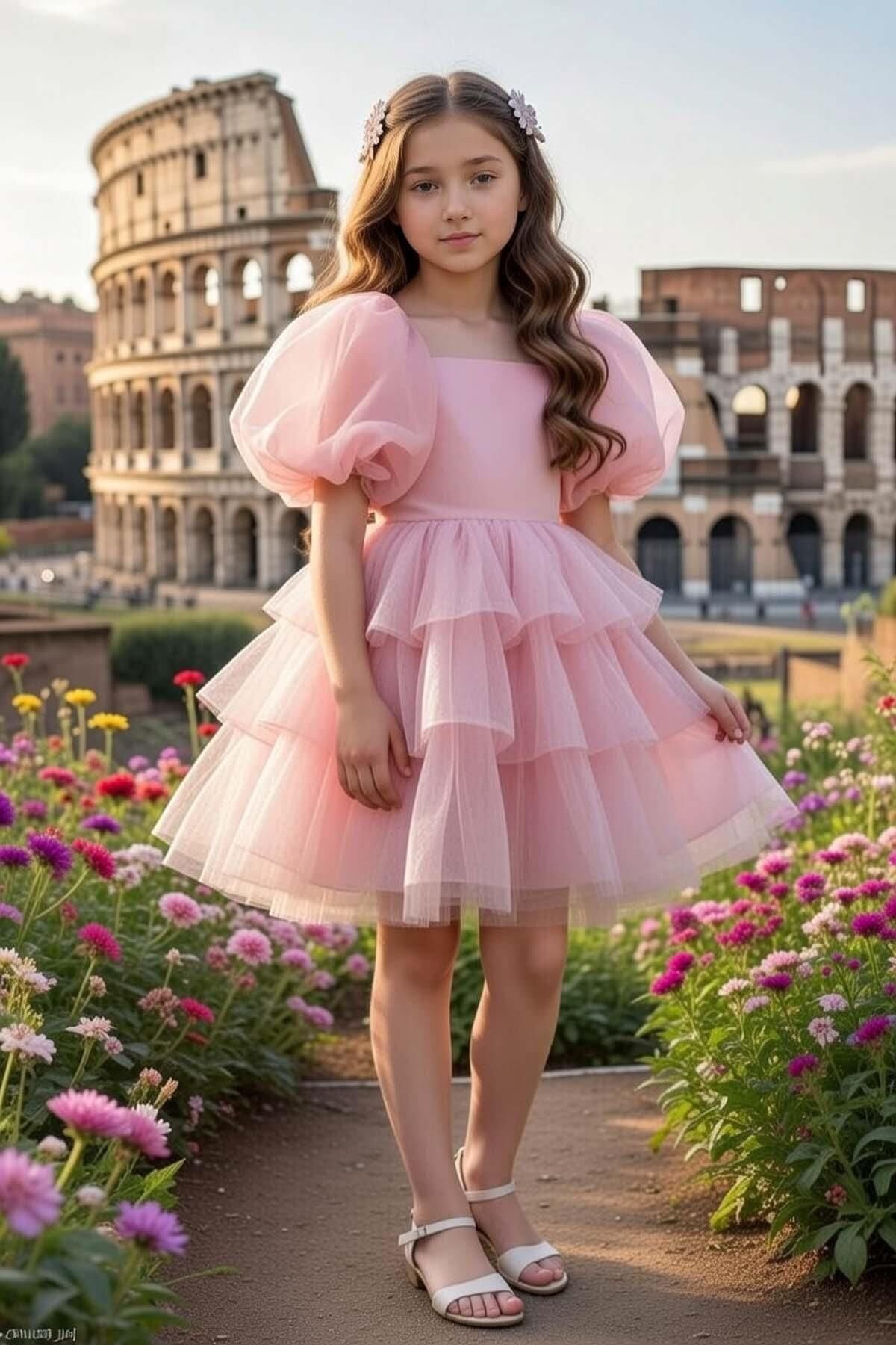 Kız Çocuk Kare Yaka Üzeri Kat Kat Pliseli Balon Kollu Kabarık Somon Abiye