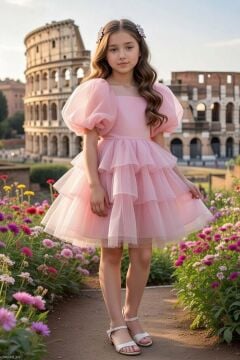 Kız Çocuk Kare Yaka Üzeri Kat Kat Pliseli Balon Kollu Kabarık Somon Abiye