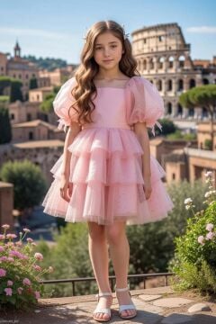 Kız Çocuk Kare Yaka Üzeri Kat Kat Pliseli Balon Kollu Kabarık Somon Abiye