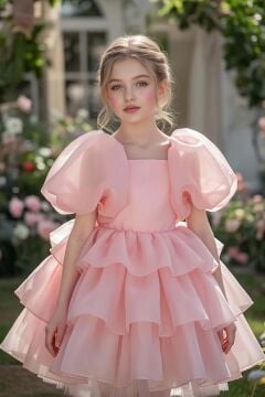 Kız Çocuk Kare Yaka Üzeri Kat Kat Pliseli Balon Kollu Kabarık Somon Abiye