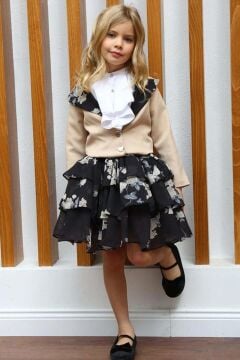 Kız Çocuk Kısa Kollu Yakası Fırfır Gömlek Bej Blazer Ceket Çiçek Desen Atlas Kumaş Etekli Takım