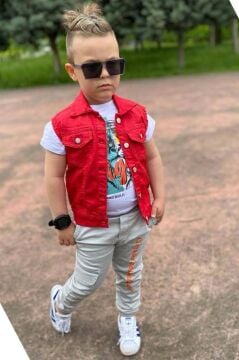 Erkek Çocuk Kaplan Detaylı T-shirt Sırt Baskılı Kolsuz Kırmızı Jean Ceket Kargo Cepli Alt Üst Takım