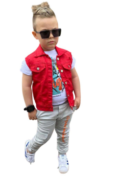 Erkek Çocuk Kaplan Detaylı T-shirt Sırt Baskılı Kolsuz Kırmızı Jean Ceket Kargo Cepli Alt Üst Takım