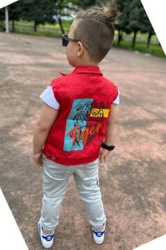 Erkek Çocuk Kaplan Detaylı T-shirt Sırt Baskılı Kolsuz Kırmızı Jean Ceket Kargo Cepli Alt Üst Takım