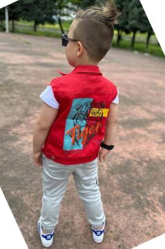 Erkek Çocuk Kaplan Detaylı T-shirt Sırt Baskılı Kolsuz Kırmızı Jean Ceket Kargo Cepli Alt Üst Takım