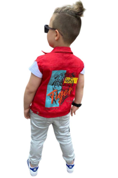 Erkek Çocuk Kaplan Detaylı T-shirt Sırt Baskılı Kolsuz Kırmızı Jean Ceket Kargo Cepli Alt Üst Takım