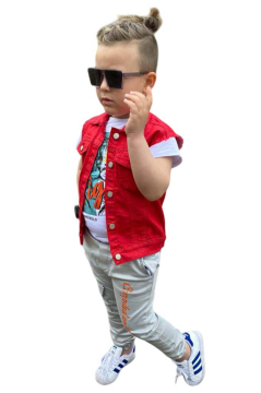 Erkek Çocuk Kaplan Detaylı T-shirt Sırt Baskılı Kolsuz Kırmızı Jean Ceket Kargo Cepli Alt Üst Takım