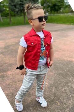 Erkek Çocuk Kaplan Detaylı T-shirt Sırt Baskılı Kolsuz Kırmızı Jean Ceket Kargo Cepli Alt Üst Takım