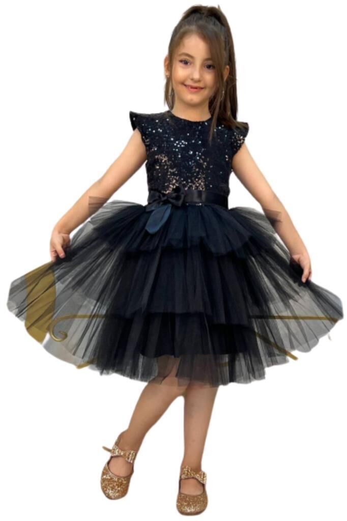 Kız Çocuk Üstü Pulpayet İşlemeli Katkat Siyah Abiye 4-7 Yaş