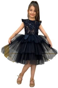 Kız Çocuk Üstü Pulpayet İşlemeli Katkat Siyah Abiye 4-7 Yaş