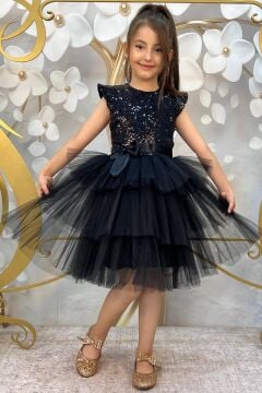 Kız Çocuk Üstü Pulpayet İşlemeli Katkat Siyah Abiye 4-7 Yaş