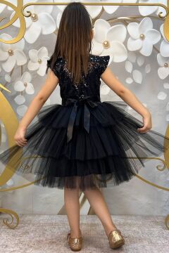 Kız Çocuk Üstü Pulpayet İşlemeli Katkat Siyah Abiye 4-7 Yaş