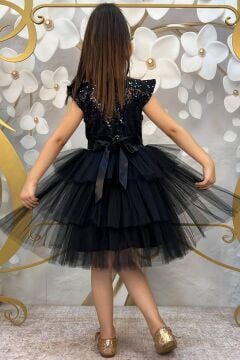 Kız Çocuk Üstü Pulpayet İşlemeli Katkat Siyah Abiye 4-7 Yaş