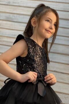 Kız Çocuk Üstü Pulpayet İşlemeli Katkat Siyah Abiye 4-7 Yaş