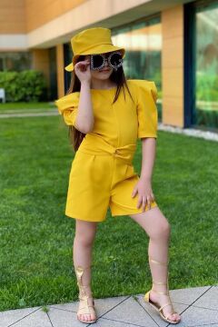 Kız Çocuk Bisiklet Yaka Yarım Kol Bel Bağlama Detaylı Sarı Şortlu Tulum