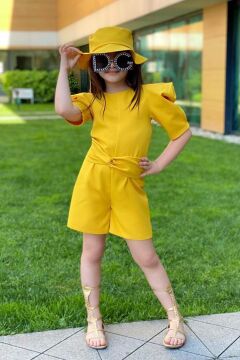 Kız Çocuk Bisiklet Yaka Yarım Kol Bel Bağlama Detaylı Sarı Şortlu Tulum
