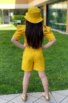 Kız Çocuk Bisiklet Yaka Yarım Kol Bel Bağlama Detaylı Sarı Şortlu Tulum