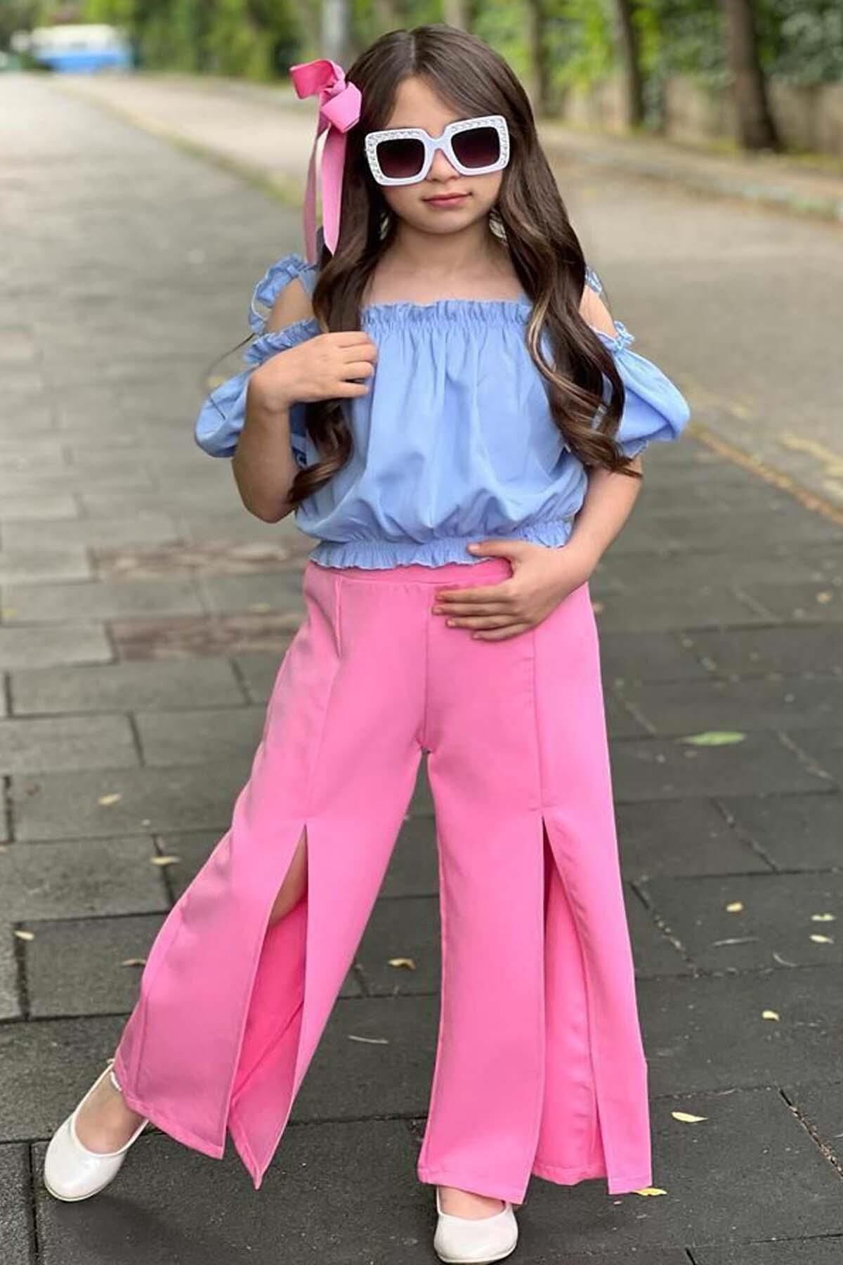 Kız Çocuk Düşük Omuzlu Göğsü ve Beli Manşetli Crop ve Yırtmaç Detaylı Mavi Alt Üst Takım