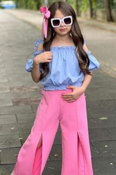 Kız Çocuk Düşük Omuzlu Göğsü ve Beli Manşetli Crop ve Yırtmaç Detaylı Mavi Alt Üst Takım