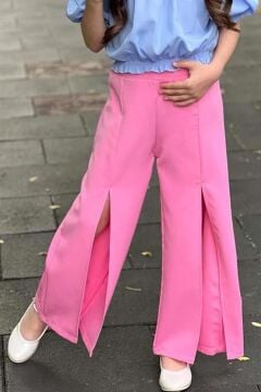 Kız Çocuk Düşük Omuzlu Göğsü ve Beli Manşetli Crop ve Yırtmaç Detaylı Mavi Alt Üst Takım