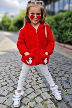 Kız Çocuk Kapüşonlu Kuzu Kulaklı Kırmızı Peluş Ceket