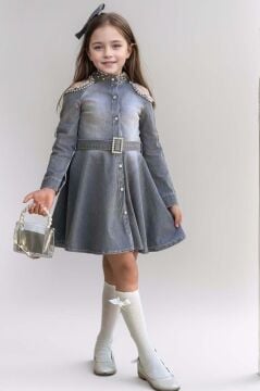 Kız Çocuk Omuzu ve Yakası Taş İşlemeli Gri Kot Elbise
