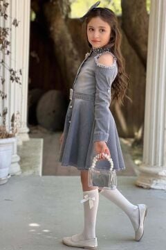 Kız Çocuk Omuzu ve Yakası Taş İşlemeli Gri Kot Elbise