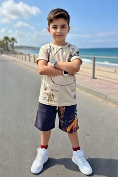 Erkek Çocuk Üzerinde Şekiller ve Fun Yazı Baskılı Bej Tişört Şortlu Takım